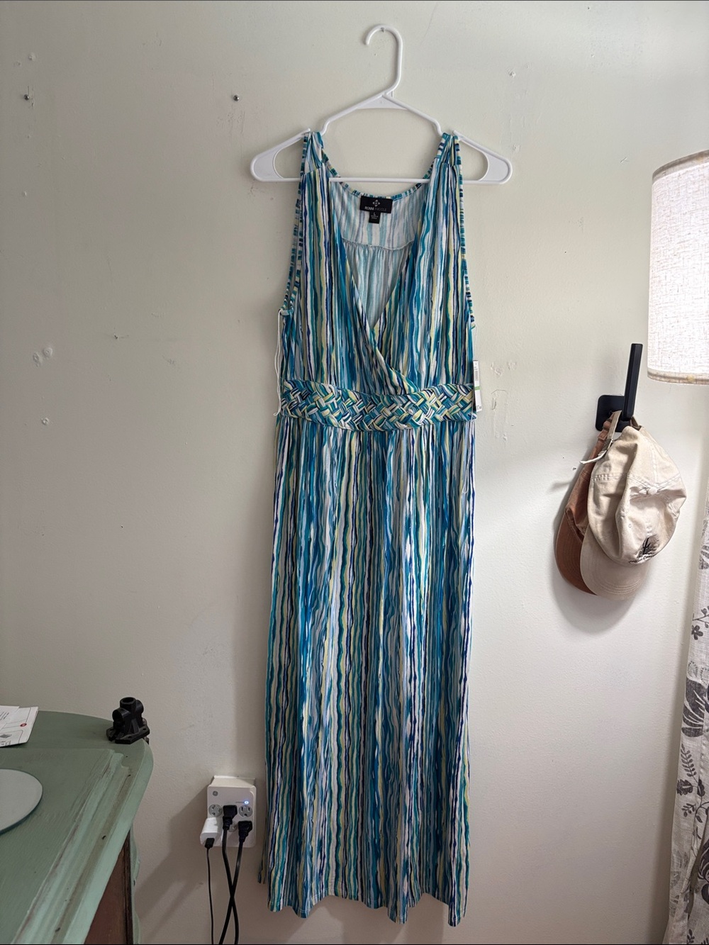 Ronni Nicole Blue, Teal & White Striped Maxi Dress with Braided Waist